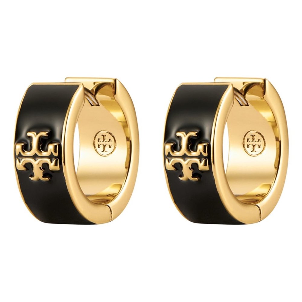 Tory Burch Kira Enamel Huggie Hoop Earrings in Black - Brand New with Dust Bag